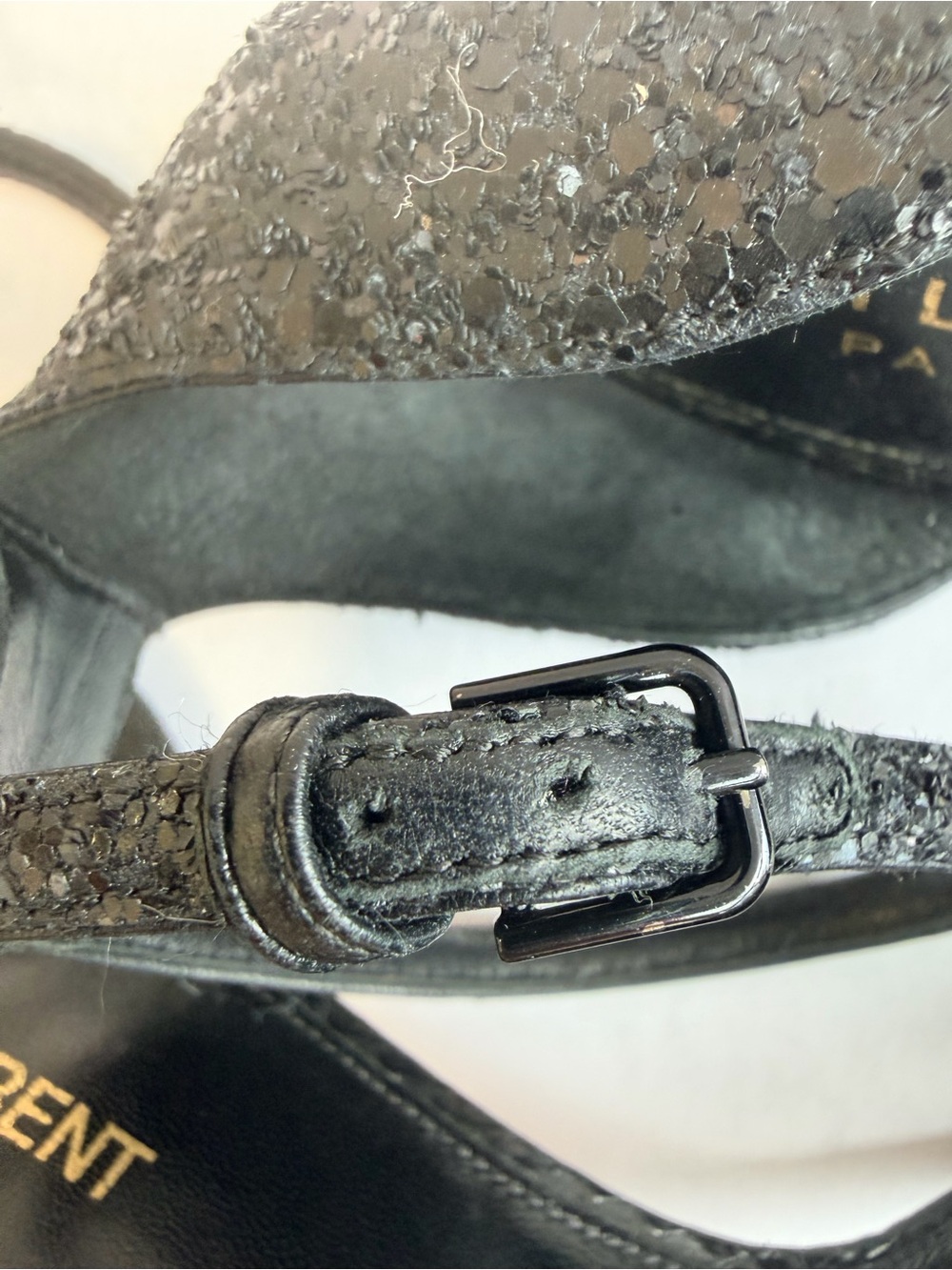 Saint Laurent Opyum Ankle Strap Sandals YSL Monogram Heel Black Glitter 39 - Picture 9 of 13